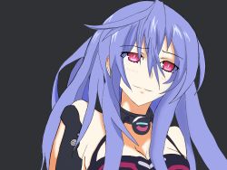Rule 34 | 1girl, bare shoulders, black background, blush, breasts, cleavage, closed mouth, eyes visible through hair, female focus, hair between eyes, highres, iris heart, long hair, looking at viewer, medium breasts, neck, neptune (series), pink eyes, purple hair, pururut, revealing clothes, simple background, smile, solo, symbol-shaped pupils, upper body