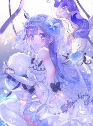 Rule 34 | 1girl, ahoge, animal, azur lane, backless dress, backless outfit, bare shoulders, basket, black bow, blue flower, blue rose, blush, bow, criac, detached sleeves, dress, dress bow, flower, flying sweatdrops, from side, hair bun, hair flower, hair ornament, hair ribbon, highres, juliet sleeves, long hair, long sleeves, looking at viewer, looking to the side, mouth hold, parted lips, puffy sleeves, purple eyes, purple hair, purple theme, ribbon, rose, see-through, single side bun, sitting, sleeves past wrists, solo, thighhighs, tiara, unicorn (azur lane), very long hair, wariza, water, white dress, white thighhighs, winged unicorn