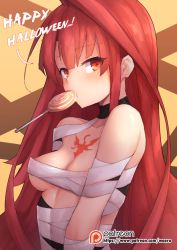 Rule 34 | 1girl, ahoge, areola slip, bandages, bare shoulders, bloody queen (elsword), breasts, candy, chest tattoo, choker, cleavage, collarbone, cosplay, echo (elsword), echo (elsword) (cosplay), elesis (elsword), elsword, food, halloween, long hair, looking at viewer, medium breasts, naked bandage, red eyes, red hair, solo, tattoo, very long hair, waero, watermark, web address