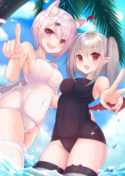 Rule 34 | 2girls, :d, ahoge, animal ear fluff, animal ear legwear, animal ears, bare arms, bare shoulders, black one-piece swimsuit, blue sky, blush, breasts, cat ear legwear, cloud, commentary request, covered navel, day, demon wings, grey hair, hair between eyes, hair ornament, hairclip, highres, large breasts, light purple hair, long hair, looking at viewer, makaino ririmu, medium breasts, multiple girls, nijisanji, one-piece swimsuit, open mouth, outdoors, palm tree, pointing, pointy ears, purple eyes, purple hair, red eyes, red wings, school swimsuit, shiina yuika, sky, smile, striped clothes, striped legwear, striped thighhighs, swimsuit, thighhighs, tree, twintails, v, very long hair, virtual youtuber, water, water drop, white legwear, white one-piece swimsuit, wings, yoshiheihe