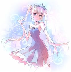 Rule 34 | 1girl, blue dress, blue eyes, commentary, dress, earrings, elbow gloves, gloves, iesupa, jewelry, necklace, rwby, scar, scar across eye, scar on face, sleeveless, sleeveless dress, solo, tiara, twintails, twintails day, weiss schnee, white hair