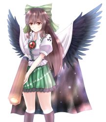 Rule 34 | 1girl, arm cannon, bad id, bad pixiv id, black hair, black wings, blouse, bow, breasts, brown hair, cape, hair bow, highres, large breasts, long hair, radiation symbol, red eyes, reiuji utsuho, shirt, short sleeves, skirt, socks, solo, touhou, weapon, wendell, wings