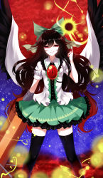 Rule 34 | &gt;:), 1girl, absurdres, arm cannon, bad id, bad pixiv id, bird wings, black hair, black thighhighs, black wings, blouse, bow, breasts, cape, cowboy shot, dress shirt, green skirt, hair between eyes, hair bow, highres, long hair, looking at viewer, miniskirt, petticoat, puffy short sleeves, puffy sleeves, red eyes, reiuji utsuho, sheya, shirt, short sleeves, skirt, small breasts, smile, solo, thighhighs, third eye, touhou, v-shaped eyebrows, very long hair, weapon, white shirt, wings