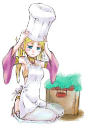 Rule 34 | 1girl, apron, bikini, blonde hair, blue eyes, blush, box, breasts, carrot, chef hat, closed mouth, commentary request, dated commentary, detached sleeves, expressionless, full body, gem, gypsy (ragnarok online), hat, jewelry, kawagoe pochi, long hair, looking at viewer, medium breasts, pants, ragnarok online, red sleeves, ring, see-through, sitting, solo, sparkle, swimsuit, white apron, white pants, yellow bikini, yokozuwari