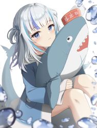 Rule 34 | 1girl, :t, absurdres, air bubble, blue eyes, blue hair, blue hoodie, blurry, blurry foreground, blush, bubble, closed mouth, depth of field, feet out of frame, fins, fish tail, gawr gura, hair ornament, highres, hololive, hololive english, hood, hood down, hoodie, knees up, long sleeves, looking at viewer, multicolored hair, pla0658, pout, shark tail, silver hair, sitting, sleeves past wrists, solo, streaked hair, stuffed animal, stuffed shark, stuffed toy, tail, two side up, virtual youtuber, white background, wide sleeves