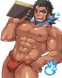 Rule 34 | 1boy, abs, aopanda, bara, beard, black hair, blue fire, book, bulge, contrapposto, dark-skinned male, dark skin, facial hair, facial scar, fire, forked eyebrows, fundoshi, hand on own hip, holding, holding book, japanese clothes, large pectorals, looking at viewer, male focus, male underwear, mature male, muscular, muscular male, navel, nipples, one eye closed, pectorals, red fundoshi, red male underwear, sandayu (housamo), scar, scar on cheek, scar on face, short hair, solo, stomach, thick thighs, thighs, tokyo houkago summoners, underwear, underwear only