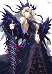 Rule 34 | 1girl, armor, artoria pendragon (fate), artoria pendragon (lancer alter) (fate), aura, bare shoulders, black nails, blonde hair, braid, breasts, center opening, cleavage, clenched hand, crown braid, dark persona, dress, earrings, expressionless, fate/grand order, fate (series), floating hair, glint, hair between eyes, highres, holding, holding weapon, horns, jewelry, lace, lace-trimmed dress, lace trim, large breasts, long hair, looking at viewer, nail polish, navel, purple dress, rhongomyniad (fate), sakiyamama, serious, sidelocks, signature, simple background, solo, thighhighs, tsurime, underboob, weapon, white background, yellow eyes