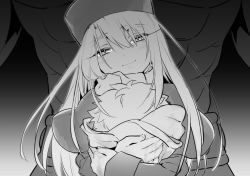 Rule 34 | 1boy, 1girl, bad end, blood, blood stain, blush, coat, fate/stay night, fate (series), greyscale, hat, heracles (fate), holding, illyasviel von einzbern, looking at viewer, monochrome, otama (atama ohanabatake), scarf, severed head, smile