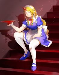 Rule 34 | alternate costume, apron, back bow, blonde hair, blue dress, blue footwear, bow, breasts, chain, collared dress, commentary request, cuffs, cup, dress, enmaided, frilled apron, frilled dress, frills, full body, highres, horns, hoshiguma yuugi, k koba, long hair, maid, maid apron, mary janes, medium breasts, neck ribbon, official alternate costume, orange eyes, parted bangs, puffy short sleeves, puffy sleeves, red horns, red ribbon, ribbon, sakazuki, shackles, shoes, short sleeves, single horn, sitting, sitting on stairs, stairs, star (symbol), thighhighs, touhou, touhou lostword, waist apron, waist bow, white apron, white bow, white thighhighs