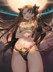 Rule 34 | 1girl, absurdres, bad id, bad pixiv id, bare shoulders, black ribbon, chrysa ( sa0ru), crown, crystal, detached sleeves, earrings, elbow gloves, fate (series), full moon, gloves, hair ribbon, highres, hoop earrings, ishtar (fate), jewelry, long hair, looking at viewer, moon, navel, neck ring, open mouth, ribbon, single detached sleeve, single elbow glove, solo, standing, tiara, twintails, two side up, yellow eyes