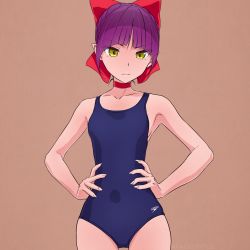Rule 34 | 1girl, akagi (fmttps), artist name, bad id, bad pixiv id, blue one-piece swimsuit, bow, brown background, cat girl, choker, collarbone, competition swimsuit, cowboy shot, fingernails, gegege no kitarou, hair bow, hands on own hips, light frown, lips, logo, looking at viewer, nekomusume, nekomusume (gegege no kitarou 6), one-piece swimsuit, pointy ears, purple hair, red bow, red choker, sharp fingernails, short sleeves, solo, speedo (company), standing, swimsuit, twitter username, yellow eyes