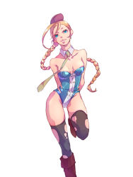 Rule 34 | 1girl, alternate costume, alternate hairstyle, antenna hair, arms behind back, bare shoulders, black thighhighs, blonde hair, blue eyes, blue leotard, boots, braid, braided ponytail, cammy white, capcom, detached collar, garrison cap, hat, leotard, long hair, necktie, single braid, smile, solo, standing, standing on one leg, street fighter, thighhighs, torn clothes, torn thighhighs, turatura