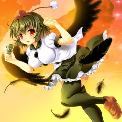Rule 34 | 1girl, bad id, bad pixiv id, bird wings, black hair, black thighhighs, black wings, blush, breasts, camera, cloud, feathers, female focus, flying, hat, hat ribbon, large breasts, looking at viewer, maki (seventh heaven maxion), open mouth, pom pom (clothes), puffy sleeves, red sky, ribbon, shameimaru aya, shirt, short sleeves, skirt, sky, smile, solo, thighhighs, tokin hat, touhou, wings, zettai ryouiki