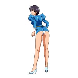 Rule 34 | 1990s (style), 1girl, agent aika, aika (series), ass, black background, black hair, blue delmo, blue delmo s, breasts, delmo, dress, highres, legs, looking at viewer, looking back, medium breasts, panties, pantyshot, short dress, short hair, simple background, skin tight, skirt, thighs, turnip007, underwear, white panties