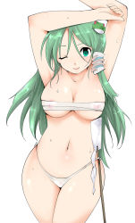 Rule 34 | 1girl, arms up, breasts, budget sarashi, cleavage, covered erect nipples, female focus, frog hair ornament, fujiwara shun&#039;ichi, goggles, gohei, green eyes, green hair, hair ornament, highres, kochiya sanae, large breasts, long hair, looking at viewer, matching hair/eyes, navel, nipples, one eye closed, oonusa, panties, sarashi, simple background, smile, snake hair ornament, solo, stomach, sweat, thick thighs, thighs, touhou, underboob, underwear, very long hair, white panties, wide hips