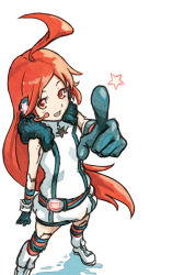 Rule 34 | 1girl, ahoge, android, bad id, bad pixiv id, belt, blush, boots, dress, gloves, headphones, joints, kneehighs, long hair, pointing, red eyes, red hair, robot joints, sf-a2 miki, shibasaki shouji, simple background, smile, socks, solo, star (symbol), striped clothes, striped gloves, striped socks, very long hair, vocaloid, wrist cuffs