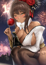 Rule 34 | 1girl, absurdres, bare shoulders, black kimono, black thighhighs, blush, breasts, brown hair, candy apple, dark-skinned female, dark skin, detached collar, facial tattoo, fireworks, flower, food, fur collar, goddess of victory: nikke, highres, holding, holding food, japanese clothes, kimono, large breasts, leg tattoo, looking at viewer, multicolored clothes, multicolored kimono, noir (black rabbit) (nikke), noir (nikke), off shoulder, official alternate costume, outdoors, red flower, ryuvie, smile, solo, tattoo, thighhighs, white kimono