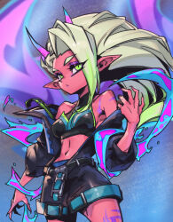 Rule 34 | 1girl, bare shoulders, belt, black belt, black jacket, black shorts, closed mouth, colored skin, commentary, english commentary, expressionless, gradient hair, graffiti, green eyes, green hair, horns, jacket, league of legends, long hair, looking ahead, multicolored hair, navel, official alternate costume, official alternate hairstyle, open clothes, open jacket, outdoors, phantom ix row, pointy ears, red skin, shorts, solo, stomach, street demon zyra, zyra