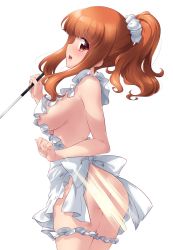 Rule 34 | 1girl, apron, ass, blush, breasts, brown eyes, girls und panzer, hair ornament, highres, kuzuryuu kennosuke, large breasts, looking at viewer, naked apron, open mouth, orange hair, ponytail, scrunchie, shiny skin, sideboob, simple background, smile, solo, takebe saori, teeth, upper teeth only, white background