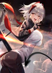 Rule 34 | 1girl, absurdres, arknights, black gloves, black jacket, blouse, breasts, fingerless gloves, from side, gloves, highres, horns, jacket, looking at viewer, red eyes, scarf, shanguier, shirt, short hair, silver hair, smug, solo, tail, tongue, tongue out, w (arknights), white shirt
