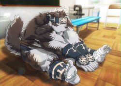Rule 34 | 1boy, animal ears, bara, barefoot, body hair, brown fur, dog boy, dog ears, dog tail, facial hair, full body, furry, furry male, grey fur, horkeu kamui, male focus, manly, muscular, revealing clothes, rossciaco, short hair, solo, stretching, tail, thick thighs, thighs, tokyo houkago summoners, topless male, two-tone fur