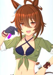 Rule 34 | 1girl, 2-butani, absurdres, agnes tachyon (lunatic lab) (umamusume), agnes tachyon (umamusume), ahoge, animal ears, belt, bikini, black bikini, black gloves, blush, breasts, brown hair, cleavage, collarbone, commentary request, criss-cross halter, cropped torso, dated, ear ornament, flask, gloves, green jacket, grin, hair between eyes, hair bun, halterneck, highres, horse ears, horse girl, jacket, looking at viewer, navel, official alternate costume, official alternate hairstyle, red eyes, round-bottom flask, short hair, short sleeves, signature, simple background, single glove, small breasts, smile, solo, sparkle, swimsuit, tied jacket, umamusume, upper body, white background