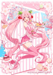 Rule 34 | 1girl, :d, artist name, asagao minoru, border, cake, cherry blossoms, cherry hair ornament, doughnut, flower, food, food-themed hair ornament, food themed hair ornament, hair ornament, highres, holding, holding food, macaron, open mouth, pasties, pink eyes, pink flower, pink hair, pink legwear, pink skirt, skirt, smile, thighs, vocaloid, white border