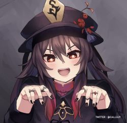 Rule 34 | 1girl, black hat, black nails, brown hair, callu jy, flower-shaped pupils, genshin impact, hands up, hat, highres, hu tao (genshin impact), nail polish, open mouth, portrait, red eyes, smile, solo, symbol-shaped pupils, teeth, upper teeth only