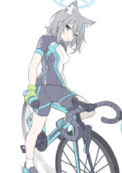 Rule 34 | 1girl, animal ear fluff, animal ears, ankle socks, bicycle, bike shorts, blue archive, blue eyes, bottle, breasts, cross hair ornament, crossed bangs, cycling uniform, earrings, gloves, green gloves, grey hair, hair between eyes, hair ornament, halo, highres, holding, holding bottle, jewelry, light blush, looking at viewer, masabodo, medium breasts, medium hair, mismatched pupils, official alternate costume, redrawn, riding, riding bicycle, shiroko (blue archive), shiroko (cycling) (blue archive), shoes, sidelocks, simple background, socks, solo, tight clothes, white background, white socks, wolf ears