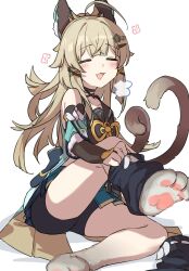 Rule 34 | 1girl, ahoge, animal hands, black shorts, blush, brown hair, cat paws, cat tail, chinese commentary, commentary request, genshin impact, highres, kirara (genshin impact), leg warmers, long hair, multiple tails, open mouth, shorts, simple background, sitting, solo, ta nuki, tail, white background