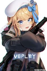 Rule 34 | 1girl, bad id, bad pixiv id, bandage on face, bandages, beret, blonde hair, blue bow, blue eyes, blush, bow, character name, coat, commentary request, dano, fur-trimmed coat, fur trim, girls&#039; frontline, girls&#039; frontline 2: exilium, gun, hair bow, hat, heart, heart stickers, hugging own legs, izhmash, kalashnikov concern, long sleeves, looking at viewer, medium hair, molot, molot-oruzhie, molot weapons, one side up, open mouth, semi-automatic firearm, semi-automatic shotgun, shotgun, sidelocks, sitting, smile, solo, twitter username, vepley (girls&#039; frontline 2), vepr-12, vyatskiye polyany machine-building plant, weapon, white background, white hat