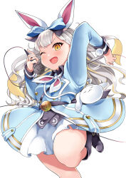 Rule 34 | 1girl, :d, absurdres, animal ears, arm up, bag, blonde hair, commentary request, cowboy shot, grey hair, highres, holding, holding microphone, long hair, long sleeves, microphone, mochizuki himari, multicolored hair, neckerchief, one eye closed, open mouth, pom pom (clothes), rabbit ears, rabbit girl, shoulder bag, simple background, smile, solo, standing, standing on one leg, streaked hair, uni create, virtual youtuber, white background, yellow eyes, yunagi921