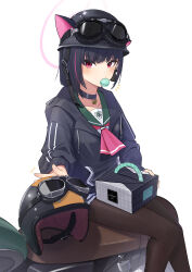 Rule 34 | 1girl, animal ear headwear, animal ears, black choker, black hair, black headwear, black jacket, black pantyhose, blue archive, cat ears, choker, commentary request, fake animal ears, food, food in mouth, goggles, goggles on headwear, green sailor collar, halo, helmet, highres, hood, hood down, hooded jacket, jacket, kazusa (blue archive), long sleeves, looking at viewer, macaron, multicolored hair, neckerchief, on vehicle, pantyhose, pastry box, pink hair, pink halo, pink neckerchief, pleated skirt, ranyu, red eyes, sailor collar, simple background, sitting, skirt, solo, streaked hair, white background, white skirt
