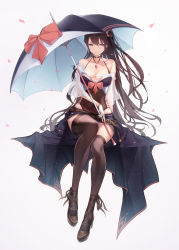 Rule 34 | 1girl, absurdres, bad id, bad pixiv id, bare shoulders, black thighhighs, breasts, brown hair, cherry blossoms, cleavage, closed mouth, hair between eyes, hair ornament, highres, holding, holding umbrella, jewelry, large breasts, long hair, looking at viewer, necklace, original, purple eyes, r (curvy), simple background, sitting, smile, thighhighs, umbrella, white background