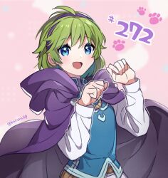 Rule 34 | 1girl, :d, absurdres, belt, blue eyes, cape, commentary request, fire emblem, fire emblem: the blazing blade, fire emblem heroes, green hair, hairband, highres, juria0801, long sleeves, nino (fire emblem), nintendo, open mouth, paw pose, paw print, pink background, pouch, purple cape, purple hairband, shirt, short hair, simple background, smile, solo, twitter username, upper body, white shirt