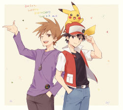 Rule 34 | 2boys, ;d, badge, baseball cap, belt, belt buckle, black shirt, blue oak, border, brown eyes, brown hair, brown pants, buckle, closed mouth, commentary request, creatures (company), dated, game freak, gen 1 pokemon, hair between eyes, hand in pocket, hand on headwear, happy birthday, hat, highres, jacket, jewelry, male focus, multiple boys, necklace, nintendo, on head, one eye closed, open clothes, open jacket, open mouth, outside border, pants, pikachu, pokemon, pokemon (creature), pokemon on head, pokemon rgby, purple shirt, red (pokemon), shirt, short hair, smile, spiked hair, teeth, tongue, translation request, yairo (sik s4)