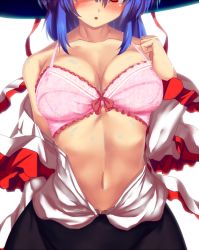 Rule 34 | 1girl, :o, animated, animated png, arm behind back, blue eyes, blush, bra, breasts, chestnut mouth, collarbone, hat, head out of frame, lace, lace-trimmed bra, lace trim, large breasts, nagae iku, navel, open clothes, open shirt, pink background, pink bra, shirt, solo, sousakubito, stomach, touhou, underwear, white background