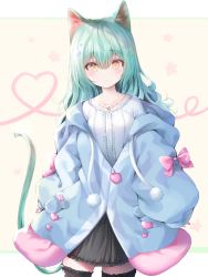 Rule 34 | 1girl, animal ears, bad id, bad pixiv id, black skirt, black thighhighs, blue jacket, brown eyes, cat ears, cat girl, cat tail, center frills, frilled skirt, frilled thighhighs, frills, green hair, hair between eyes, heart, highres, hood, hood down, hooded jacket, jacket, long hair, long sleeves, murano, nail polish, off shoulder, original, puffy long sleeves, puffy sleeves, red nails, shirt, skirt, sleeves past wrists, solo, star (symbol), starry background, tail, thighhighs, white shirt