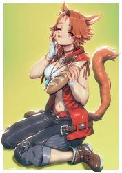 Rule 34 | 1girl, animal ears, belt, black pants, brown belt, brown eyes, brown footwear, brown hair, choker, copyright request, final fantasy, final fantasy xiv, food, full body, gradient background, green background, half-closed eyes, hand up, highres, holding, holding food, jewelry, kionaoki, looking at viewer, miqo&#039;te, navel, necklace, one eye closed, pants, red vest, shoes, short hair, signature, sitting, solo, tail, vest, wariza, warrior of light (ff14)