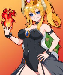 Rule 34 | 1girl, absurdres, armlet, armpits, bare shoulders, blonde hair, blue eyes, blue gemstone, bowsette, bracelet, breasts, cleavage, collar, crown, dated, dress, earrings, fire, from side, garter straps, gem, gradient background, hair between eyes, hand on own hip, highres, horns, jewelry, large breasts, leotard, long hair, looking at viewer, mario (series), new super mario bros. u deluxe, nintendo, orange background, pointy ears, ponytail, sharp teeth, solo, spiked armlet, spiked bracelet, spiked collar, spiked shell, spikes, standing, super crown, teeth, turtle shell, v-shaped eyebrows, z1004ero
