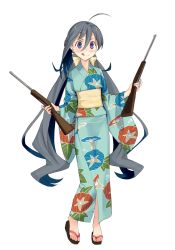 Rule 34 | 10s, 1girl, :q, ahoge, alternate costume, ashiya hiro, commentary request, geta, grey eyes, gun, hair between eyes, hair ribbon, highres, holding, japanese clothes, kantai collection, kimono, kiyoshimo (kancolle), long hair, looking at viewer, low twintails, ribbon, rifle, silver hair, simple background, smile, solo, tongue, tongue out, twintails, very long hair, weapon, white background, yukata