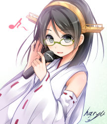 Rule 34 | 10s, 1girl, artist name, bare shoulders, blush, detached sleeves, eyebrows, from side, glasses, green-framed eyewear, grey eyes, grey hair, hair between eyes, hairband, haryuu (poetto), headgear, holding, holding microphone, japanese clothes, kantai collection, kirishima (kancolle), looking at viewer, microphone, musical note, nontraditional miko, quaver, short hair, signature, simple background, solo, upper body, white background, wide sleeves