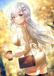 Rule 34 | 1girl, ass, autumn, autumn leaves, bag, black thighhighs, blue eyes, blush, breasts, brown dress, closed mouth, commentary request, crossed bangs, day, dress, gyozanuko, hair between eyes, hair ornament, handbag, highres, large breasts, long hair, looking at viewer, original, outdoors, ribbed dress, sidelocks, smile, solo, thighhighs, white background, x hair ornament