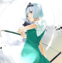 Rule 34 | 1girl, ascot, asumaro, black ascot, blouse, cowboy shot, female focus, from side, gradient background, highres, holding, holding sword, holding weapon, konpaku youmu, konpaku youmu (ghost), light smile, lips, outdoors, scabbard, sheath, shirt, skirt, sky, solo, sword, touhou, weapon, white background, white shirt