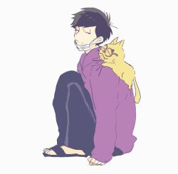 Rule 34 | 1boy, animal, animal on shoulder, black hair, black pants, cat, cat on shoulder, closed mouth, esper nyanko, from side, full body, hood, hood down, hoodie, male focus, mask, matsuno ichimatsu, mouth mask, osomatsu-san, osomatsu (series), pants, purple hoodie, sandals, simple background, sitting, solo, sshm0, sweatpants, white background