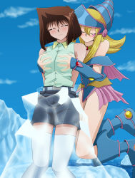 Rule 34 | 2girls, bad id, bad pixiv id, bare shoulders, blonde hair, blush, blush stickers, grabbing another&#039;s breast, breasts, brown hair, choker, cloud, dark magician girl, day, duel monster, closed eyes, frozen, grabbing, groping, hat, highres, ice, large breasts, long hair, love (pspdspsp), mazaki anzu, multiple girls, outdoors, shirt, shorts, sky, sleeveless, sleeveless shirt, thighhighs, white legwear, witch hat, yu-gi-oh!, yuri, yuu-gi-ou, yu-gi-oh! duel monsters, zettai ryouiki