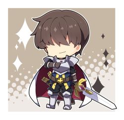 Rule 34 | 1boy, armor, armored boots, black pants, blue shirt, boots, breastplate, brown gloves, brown hair, cape, chibi, closed mouth, commentary request, elbow gloves, facing viewer, full body, gloves, hair over eyes, halftone, halftone background, highres, holding, holding sword, holding weapon, knee boots, male focus, milkpanda, pants, pauldrons, red cape, sennen sensou aigis, shirt, shoulder armor, smile, solo, standing, sword, weapon, white cape