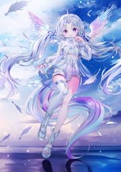Rule 34 | 1girl, atsuyuno yuni, blue ribbon, feathered wings, feathers, full body, horns, long hair, long sleeves, looking at viewer, low twintails, nabi (uz02), puffy long sleeves, puffy sleeves, purple eyes, ribbon, see-through, single thighhigh, thighhighs, twintails, unicorn girl, very long hair, virtual youtuber, white hair, wings, yumepercent