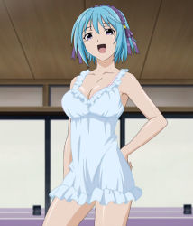 Rule 34 | 00s, 1girl, blue hair, bra, breasts, chemise, demon girl, hand on own hip, hip focus, kurono kurumu, large breasts, lingerie, negligee, nightgown, purple eyes, rosario+vampire, screencap, solo, stitched, third-party edit, underwear
