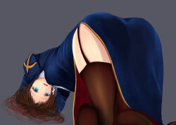 Rule 34 | 1girl, all fours, ass, blue dress, blue eyes, breasts, brown hair, brown thighhighs, cross, cross necklace, dc24v, dress, from behind, garter straps, grey background, jewelry, juliet sleeves, long hair, long sleeves, medium breasts, necklace, open mouth, priest (ragnarok online), puffy sleeves, ragnarok online, side slit, simple background, solo, teeth, thighhighs, upper teeth only